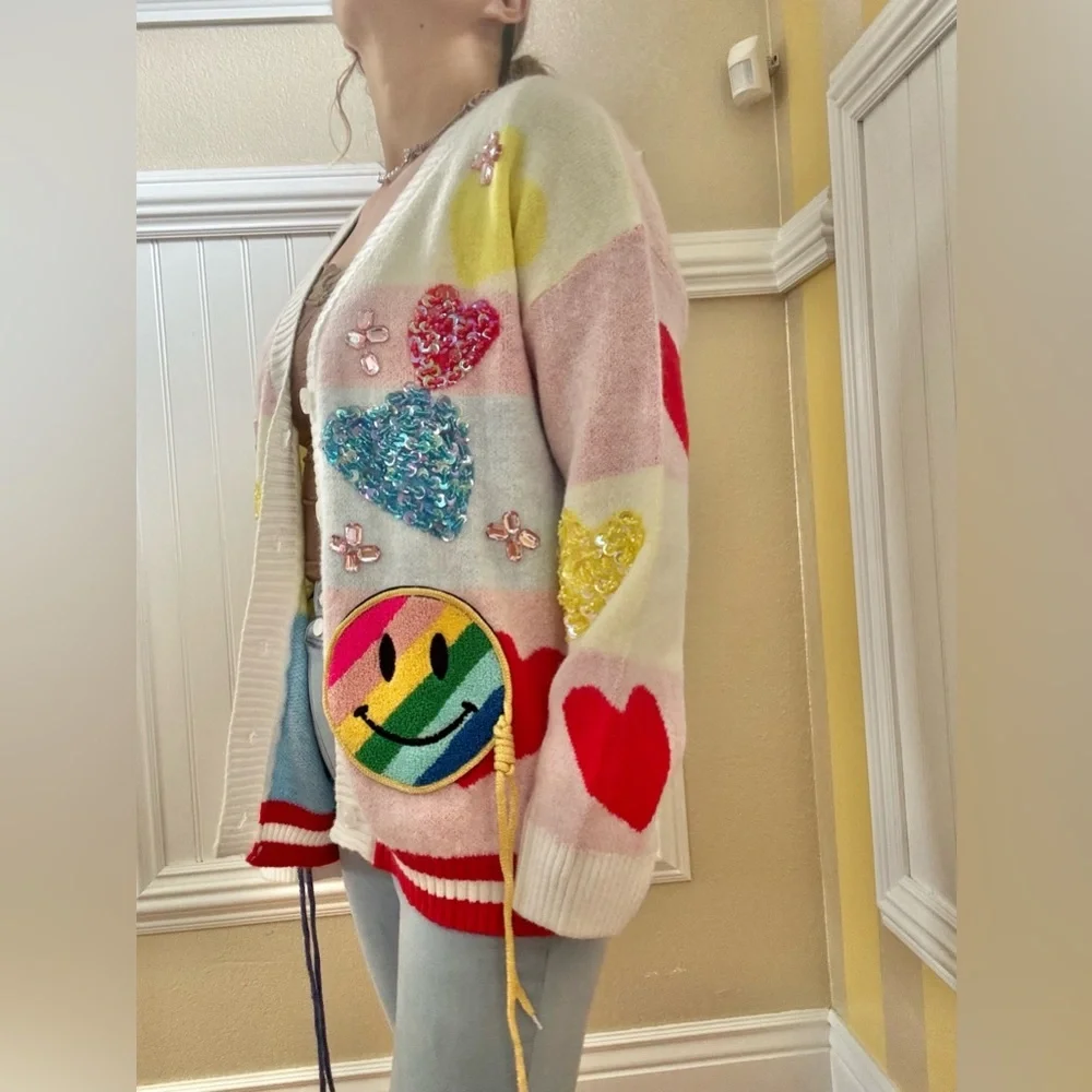 Colorful Smiley Face Cardigan Sweater - Picture 3 of 6